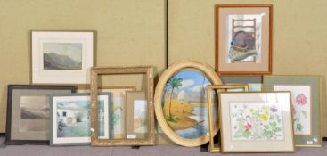 A collection of assorted framed landscapes and flower pictures