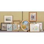 A collection of assorted framed landscapes and flower pictures