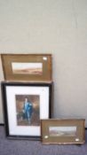 After Arthur L Cox, mezzotint print of a boy along with two watercolours, all framed and glazed.