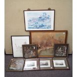 A set of three Balinese painted fabric being framed and glazed along with a collection of prints.