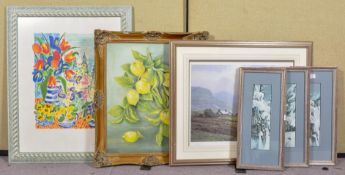 A collection of pictures and prints to include a framed gouache on canvas