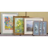 A collection of pictures and prints to include a framed gouache on canvas