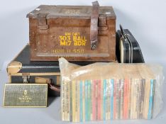 A vintage tin case, a lilliput type writer in case, a 1960s suitcase and other items