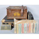 A vintage tin case, a lilliput type writer in case, a 1960s suitcase and other items