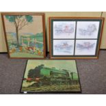 A vintage framed and glazed tapestry along with a printed board of a train and a set of four prints