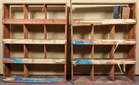 A wooden industrial wall hanging pigeon hole unit