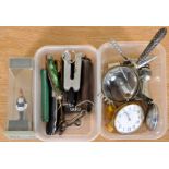 A collection of assorted curios to include watches, corkscrews, pen knives,