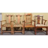 Three Arts & Crafts oak chairs along with another. Tallest measures; 100cm.