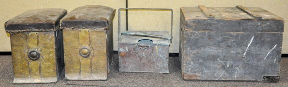 Rezin topped coal boxes with a wooden trunk and copper pan