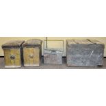 Rezin topped coal boxes with a wooden trunk and copper pan