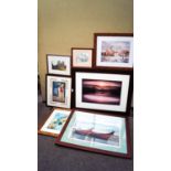 A vintage style framed and glazed tourism print for Wells, along with other prints.