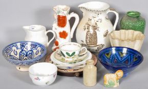 A Staffordshire dog style jug and other assorted ceramics