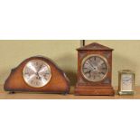 Three 20th Century clocks to include; oak pointed pediment mantel clock,