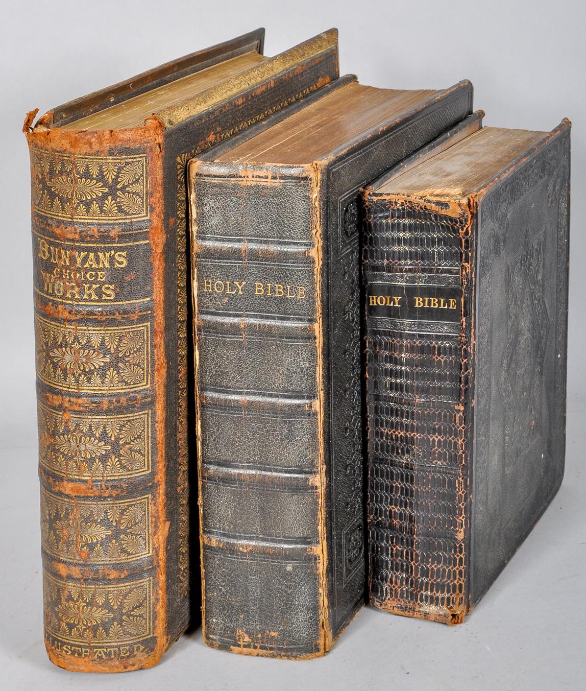 Two 19th Century leather bound Bibles along with a similar period Bunyan's Choice Works leather book
