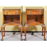 A pair of reproduction mahogany bedside tables on cabriole supports,