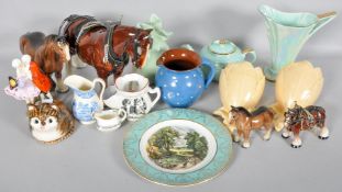 A collection of assorted china to include; Shire horse figures, Royal Doulton figure pair,