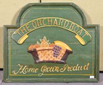 A contemporary wooden and painted sign for 'The Orchard Boat. Measures; 92cm x 76cm.