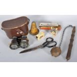 A pair of opera glasses, a M Hohner echo harmonica, a ball and truncheon and other items