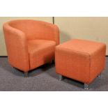 A contemporary orange upholstered tub chair with matching footstool. Measures; 72cm high.