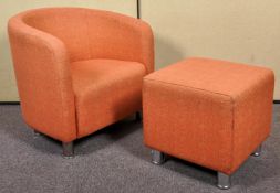 A contemporary orange upholstered tub chair with matching footstool. Measures; 72cm high.