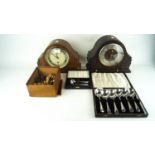 A chess set, plated cutlery and 2 mantel clocks