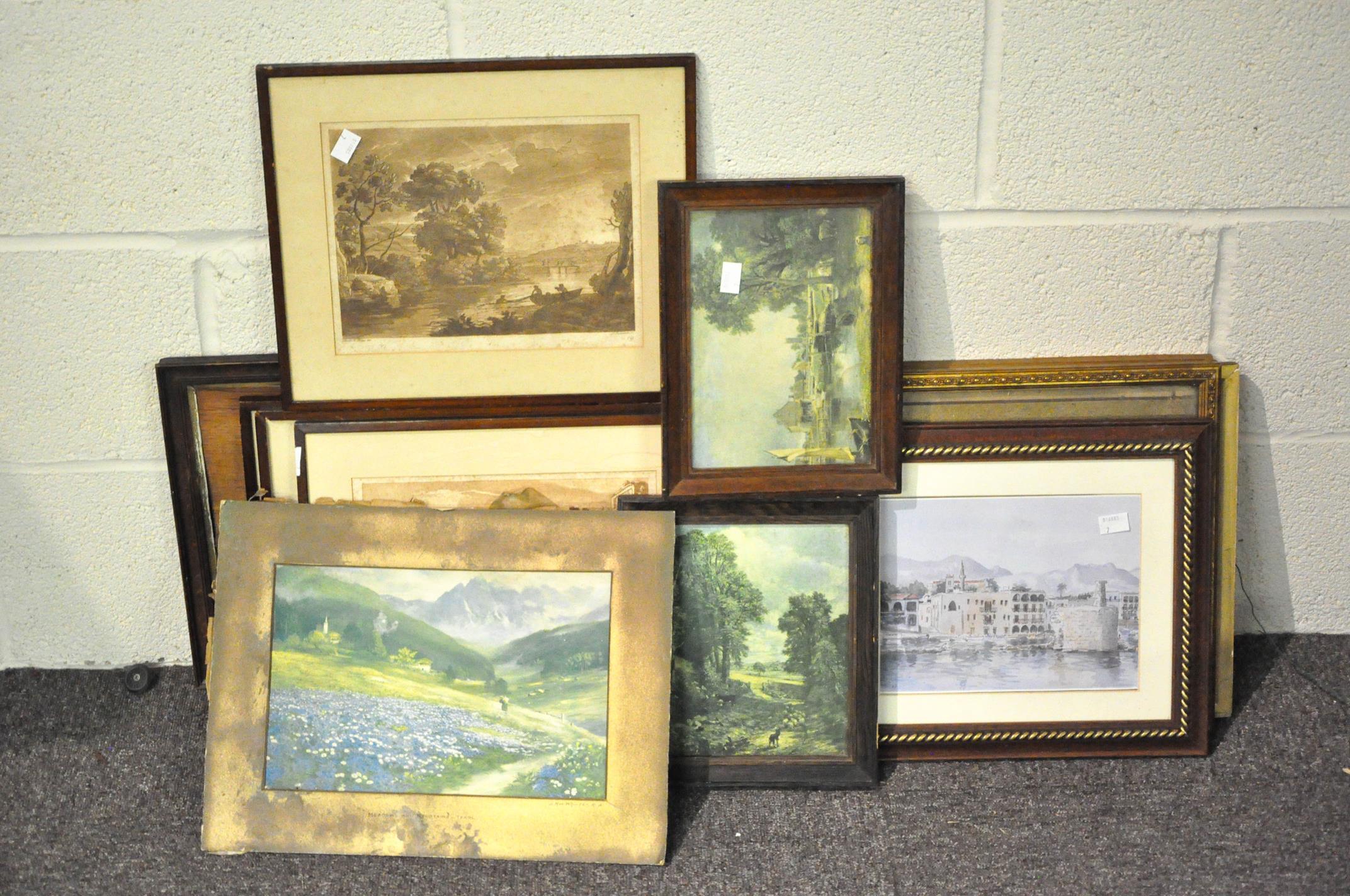 A collection of framed prints and pictures mainly landscape scenes