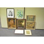 A collection of assorted framed prints and a needlework tray