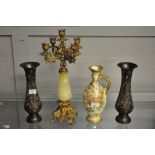 A gilt metal candelabra, Royal Bonn vase and two brass vases