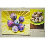 Two oil paintings of mushrooms and figs