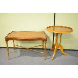 A pine and marquetry inlaid satinwood tripod occasional table and a sof a table (2) with bamboo