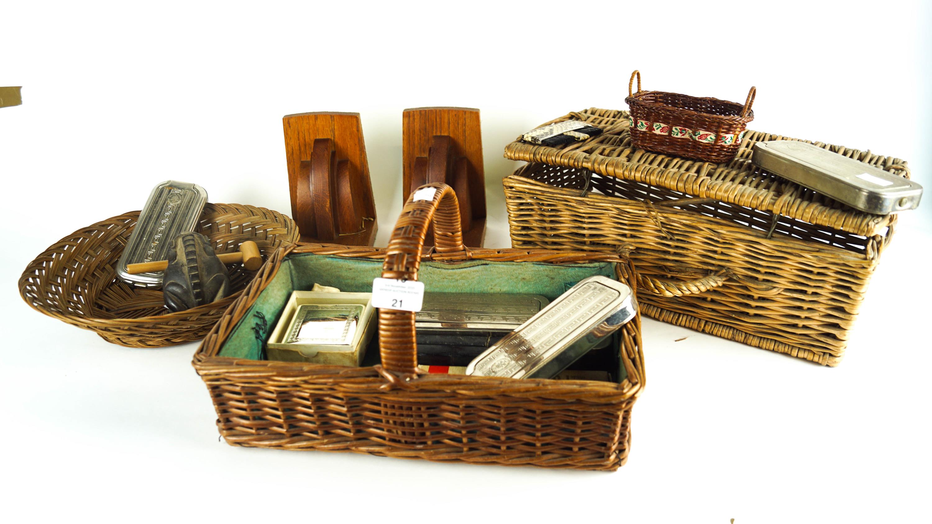 A group of wicker baskets and other items