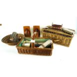 A group of wicker baskets and other items
