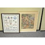 A needlework alphabet sampler and a woolwork tapestry picture,