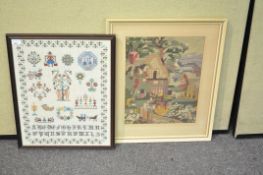 A needlework alphabet sampler and a woolwork tapestry picture,
