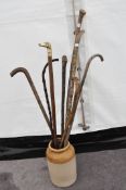 Eight walking sticks and a large earthenware jar