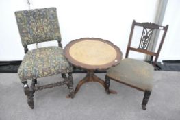 A stool, upholstered chair with barley twist legs,