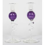 A pair of Art glass candlesticks, by Bob Crook, 20th century, etched signature,