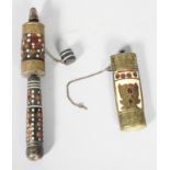 A East African horn, brass and white metal prayer wheel,