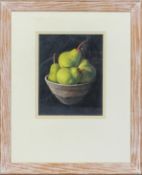 Dylan Waldron, Pears in a Raku Bowl, watercolour and acrylic, 1989, initalled DW lower right,