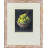 Dylan Waldron, Pears in a Raku Bowl, watercolour and acrylic, 1989, initalled DW lower right,