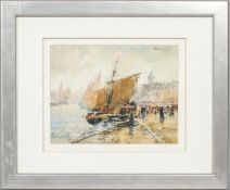 20th century School, Fishing boat in harbour, watercolour, framed, 28 cm x 21 cm. (exc.