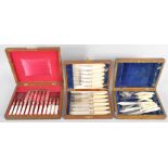 Three cased cutlery sets comprising, a set of six electroplated engraved knives and forks,