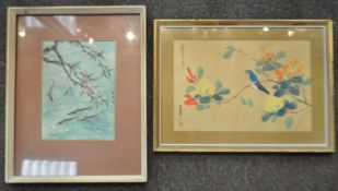 Chinese painting of a Bird in Camellia blossoms, gouache on silk,