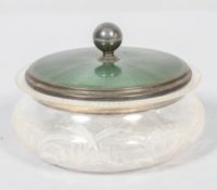 A silver mounted Art Deco cut glass and guilloche enamel powder bowl and cover,