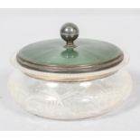 A silver mounted Art Deco cut glass and guilloche enamel powder bowl and cover,