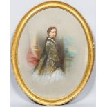 A Victorian watercolour and gouache portrait of a lady standing before balustrading,