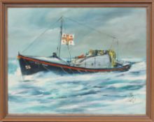 An oil on board of an RNLI Lifeboat, signed J Lee, framed,