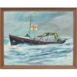 An oil on board of an RNLI Lifeboat, signed J Lee, framed,