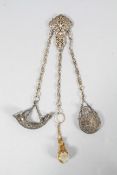 A silver chatelaine, of baroque form, with pierced and hinged waist piece,