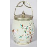 A silver plated opaline glass biscuit barrel and cover, circa 1890,